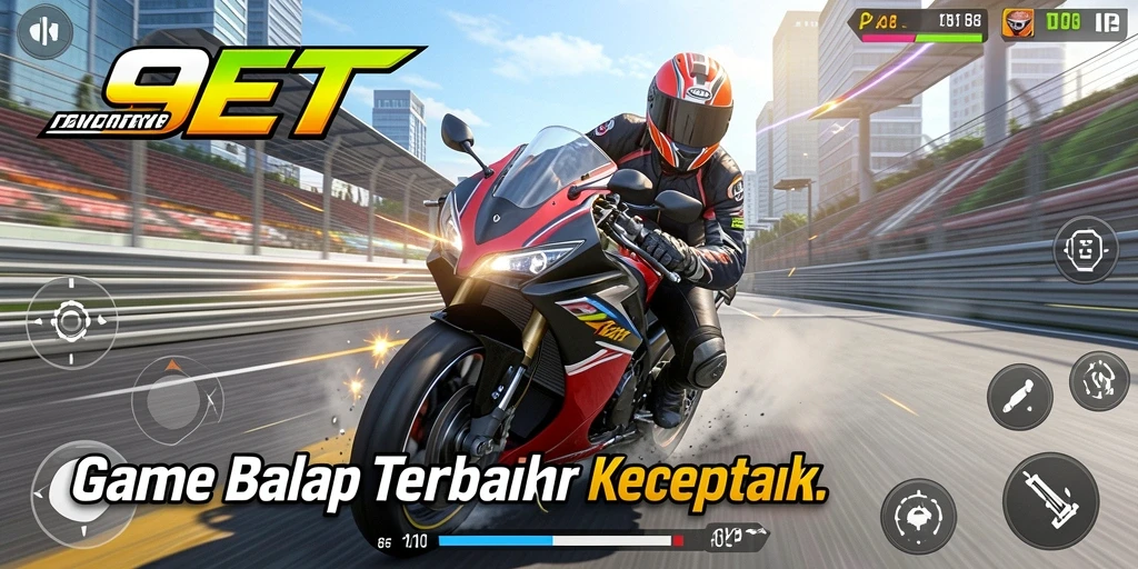 Screenshot utama 9ET menampilkan balapan motor yang mendebarkan di trek yang menantang.