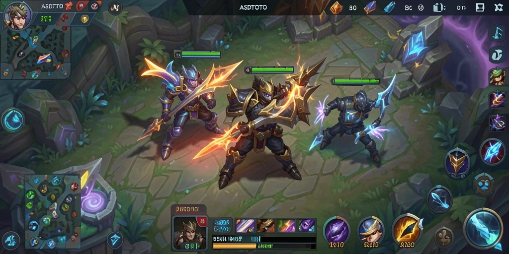 Screenshot gameplay ASDTOTO menampilkan pertempuran seru tim di arena MOBA.