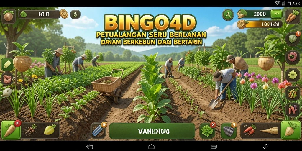 Tampilan gameplay BINGO4D dengan kebun yang subur dan hewan peliharaan yang menggemaskan.