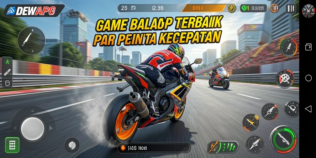 Tangkapan layar utama DEWAPG menampilkan aksi balapan motor yang seru.