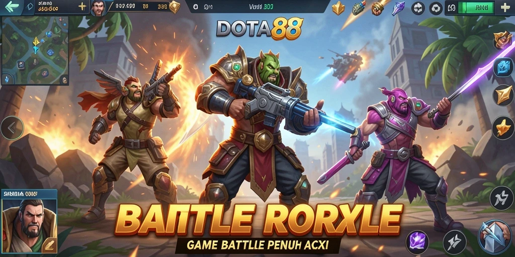 Screenshot gameplay DOTA88 menampilkan aksi Battle Royale yang mendebarkan.