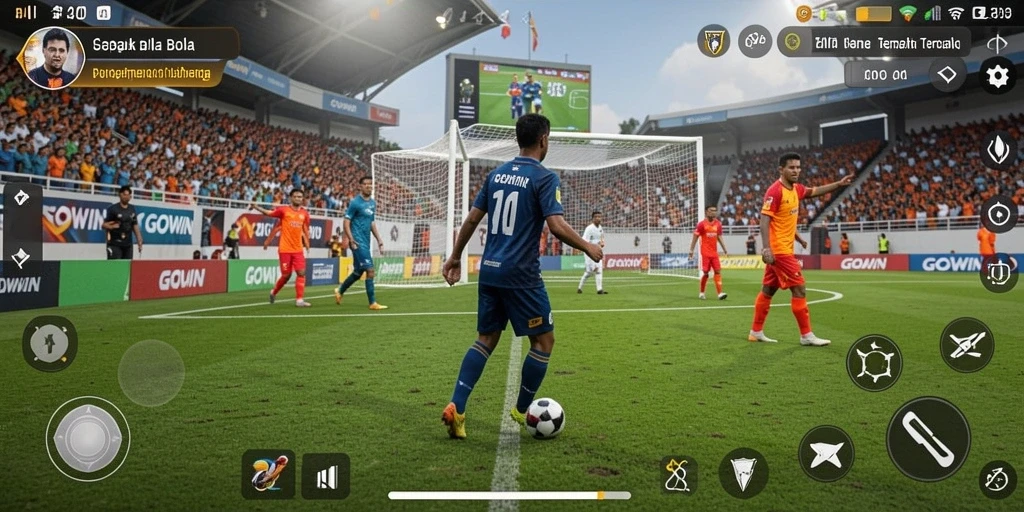 Screenshot GOWIN menunjukkan aksi sepak bola yang mendebarkan.