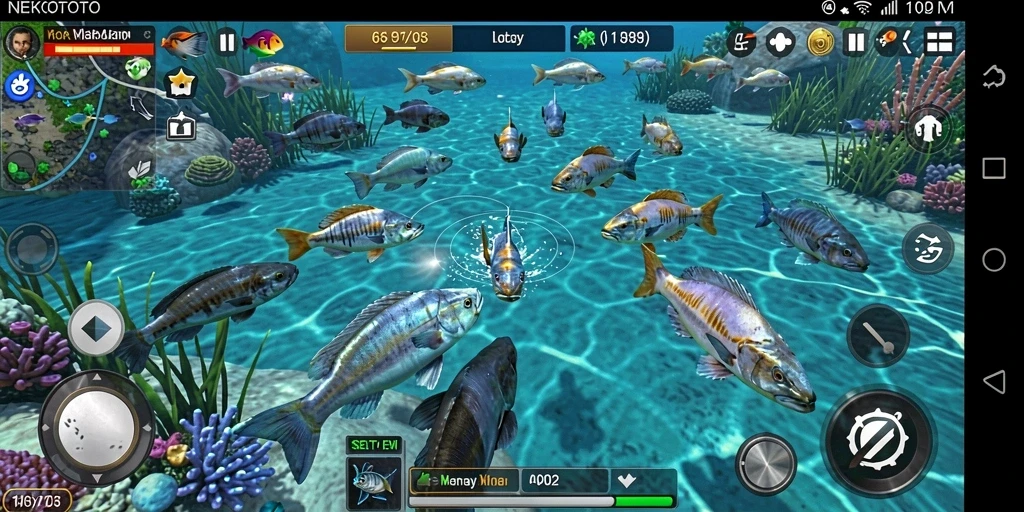 Tampilan gameplay seru NEKOTOTO dengan aksi menembak ikan.