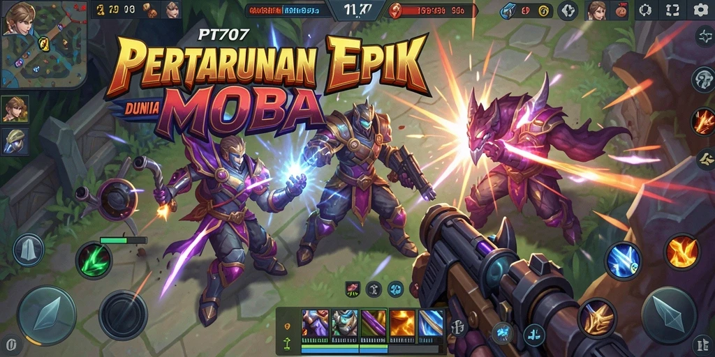 Tampilan aksi seru di game MOBA PT707 saat pertarungan berlangsung.
