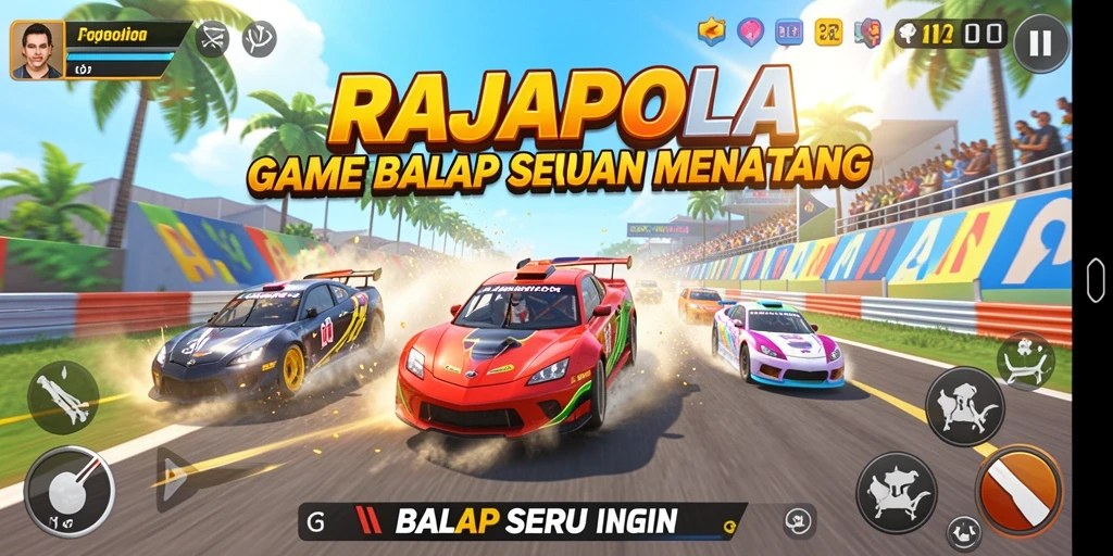 Tampilan gameplay seru dan mendebarkan dari RAJAPOLA di lintasan balapan.