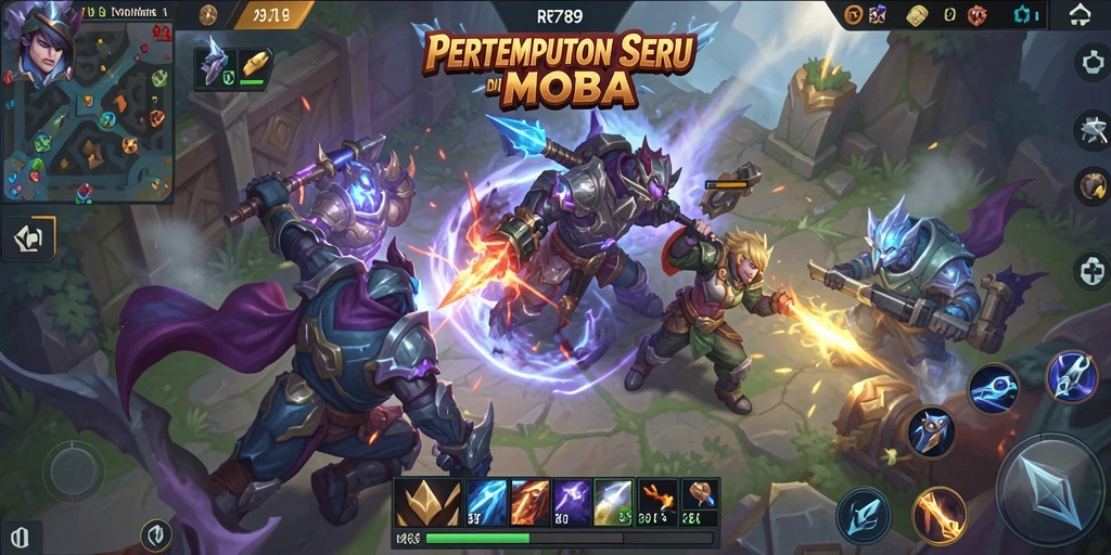Tampilan gameplay seru di <strong>RR789</strong> saat bertempur dengan karakter MOBA.