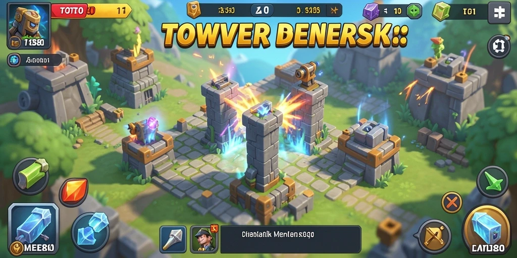 Tampilan gameplay seru dari TOTO80 dengan menara dan musuh yang beragam.