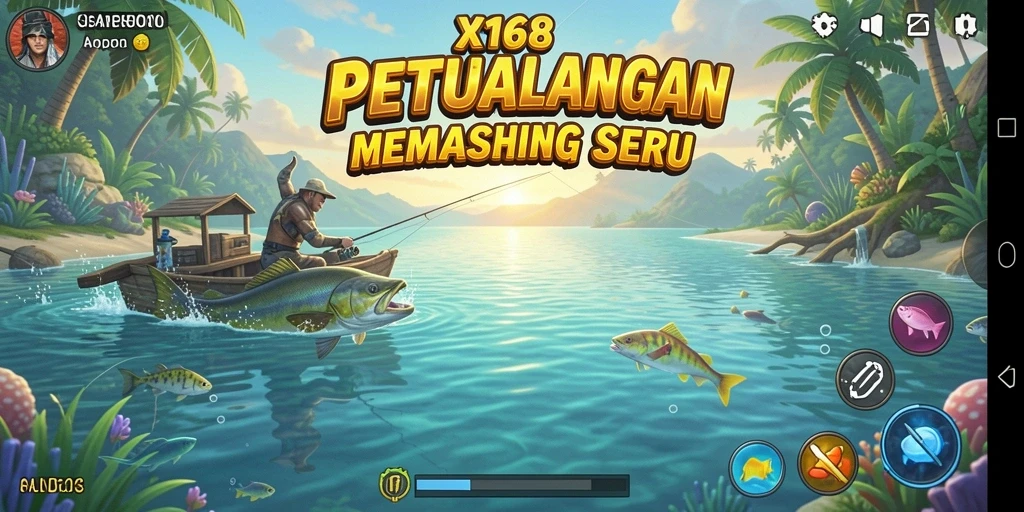 Screenshot utama X168 menampilkan pemain sedang memancing di danau yang indah.